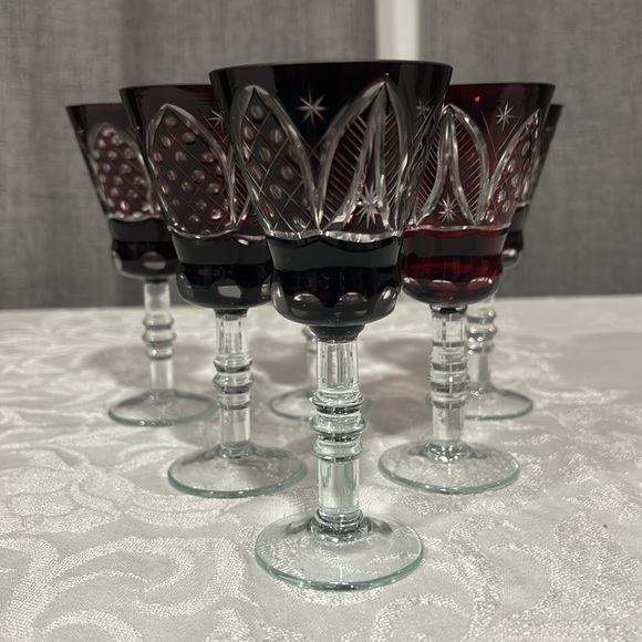 Six Vintage 6 ounce Jewel Cut Bohemian Blood Red Crystal Cordial Glasses. Lovely - Picture 5 of 8